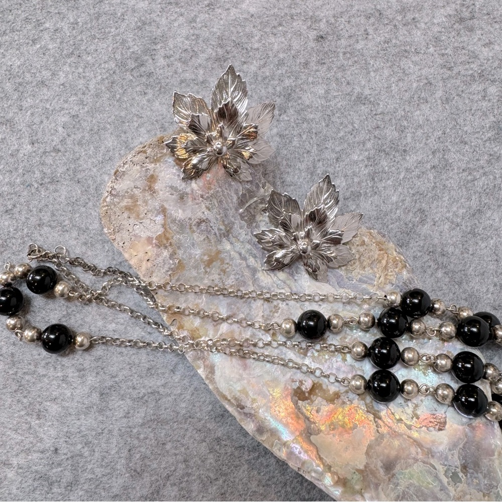Silver Leaf Earrings and Black Beaded Necklace